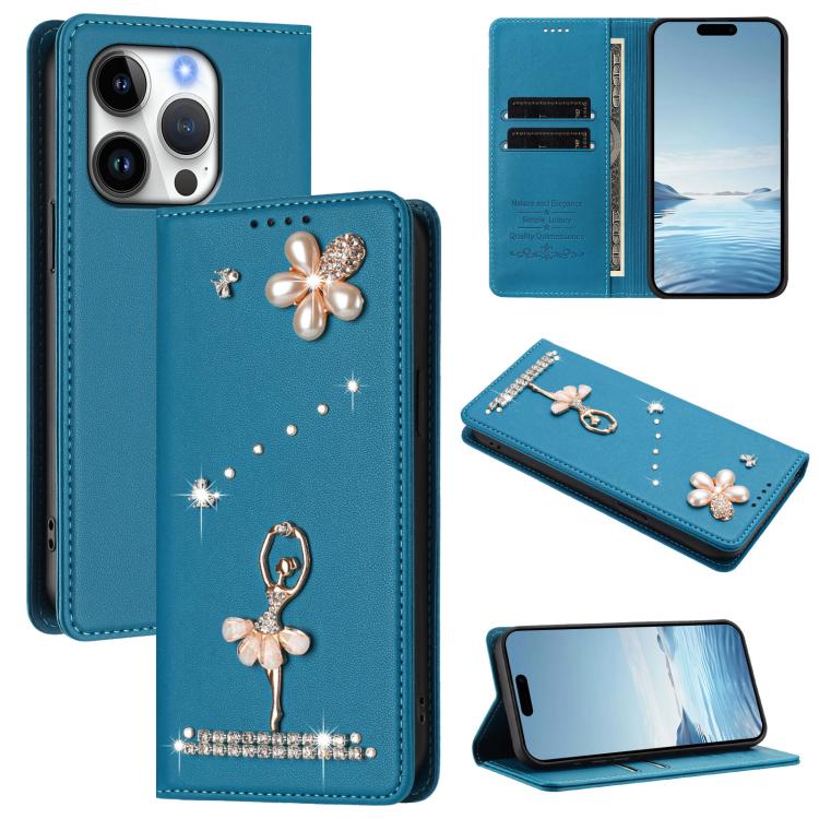 Étui de téléphone en cuir végétalien clouté de diamants motif ballerine avec protection RFID, Pour iPhone 16 Pro, Pour iPhone 16 Plus, Pour iPhone 16, Pour iPhone 15 Pro Max, Pour iPhone 15 Pro, Pour iPhone 15 Plus