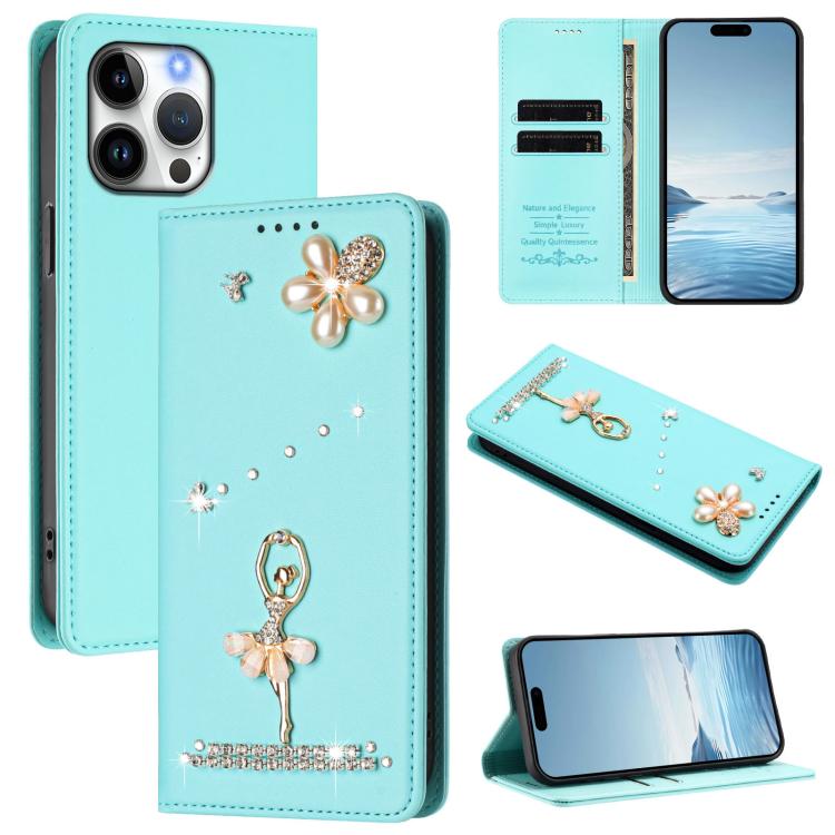 Étui de téléphone en cuir végétalien Ballet Girl avec diamants et protection RFID, pour iPhone 17e / 16e, pour iPhone 17 Pro Max, pour iPhone 17 Pro, pour iPhone 17, pour iPhone Air, pour iPhone 16 Pro Max