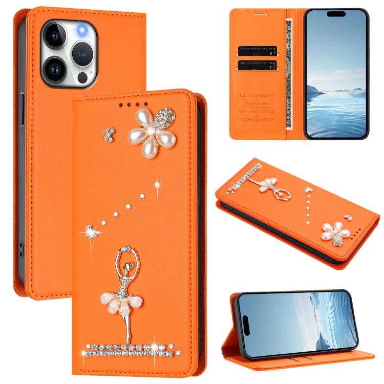 Étui de téléphone en cuir végétalien Ballet Girl avec diamants et protection RFID, pour iPhone 17e / 16e, pour iPhone 17 Pro Max, pour iPhone 17 Pro, pour iPhone 17, pour iPhone Air, pour iPhone 16 Pro Max