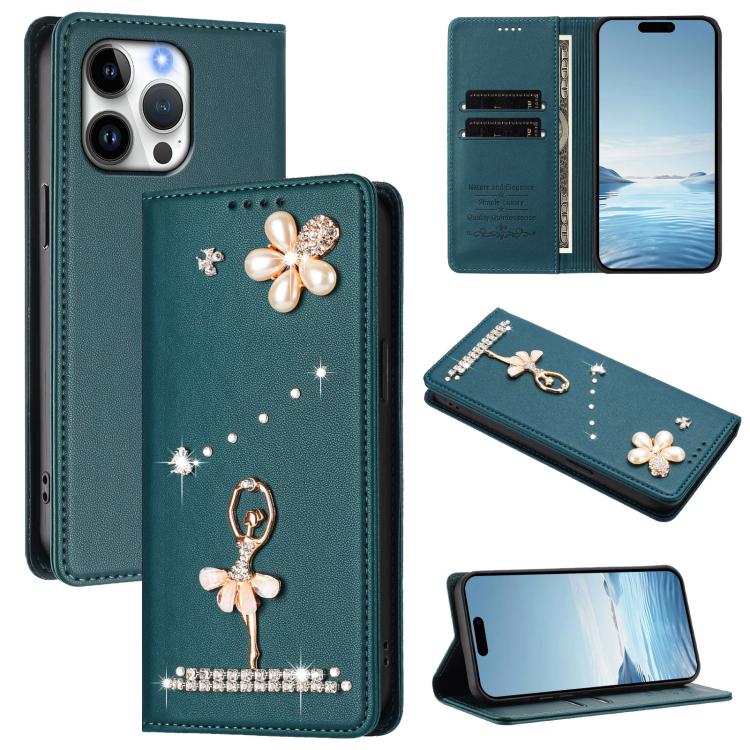 Étui de téléphone en cuir végétalien Ballet Girl avec diamants et protection RFID, pour iPhone 17e / 16e, pour iPhone 17 Pro Max, pour iPhone 17 Pro, pour iPhone 17, pour iPhone Air, pour iPhone 16 Pro Max
