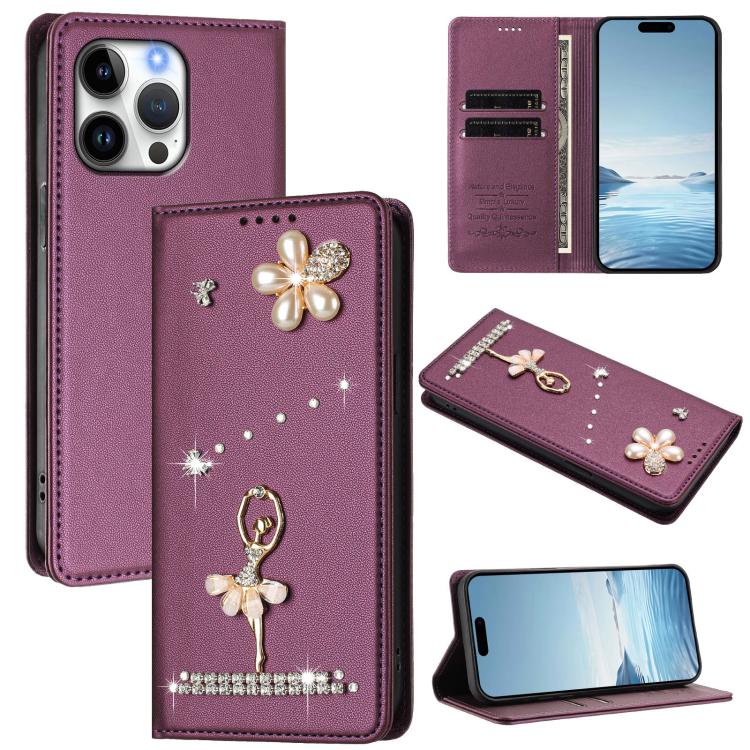 Étui de téléphone en cuir végétalien Ballet Girl avec diamants et protection RFID, pour iPhone 17e / 16e, pour iPhone 17 Pro Max, pour iPhone 17 Pro, pour iPhone 17, pour iPhone Air, pour iPhone 16 Pro Max