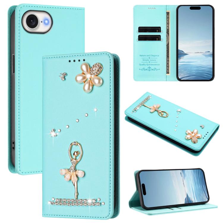Étui de téléphone en cuir végétalien Ballet Girl avec diamants et protection RFID, pour iPhone 17e / 16e, pour iPhone 17 Pro Max, pour iPhone 17 Pro, pour iPhone 17, pour iPhone Air, pour iPhone 16 Pro Max