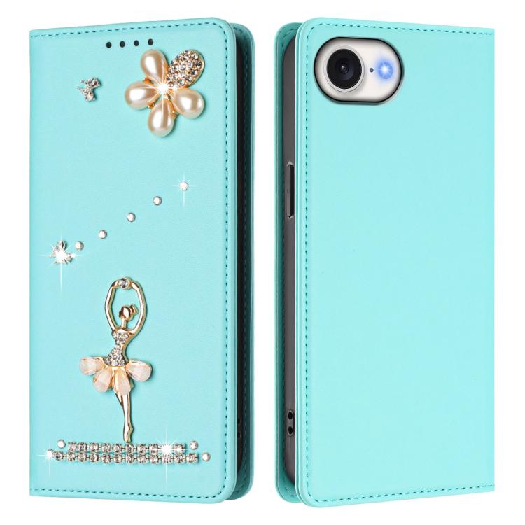 Étui de téléphone en cuir végétalien Ballet Girl avec diamants et protection RFID, pour iPhone 17e / 16e, pour iPhone 17 Pro Max, pour iPhone 17 Pro, pour iPhone 17, pour iPhone Air, pour iPhone 16 Pro Max