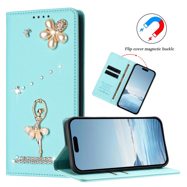 Étui de téléphone en cuir végétalien Ballet Girl avec diamants et protection RFID, pour iPhone 17e / 16e, pour iPhone 17 Pro Max, pour iPhone 17 Pro, pour iPhone 17, pour iPhone Air, pour iPhone 16 Pro Max