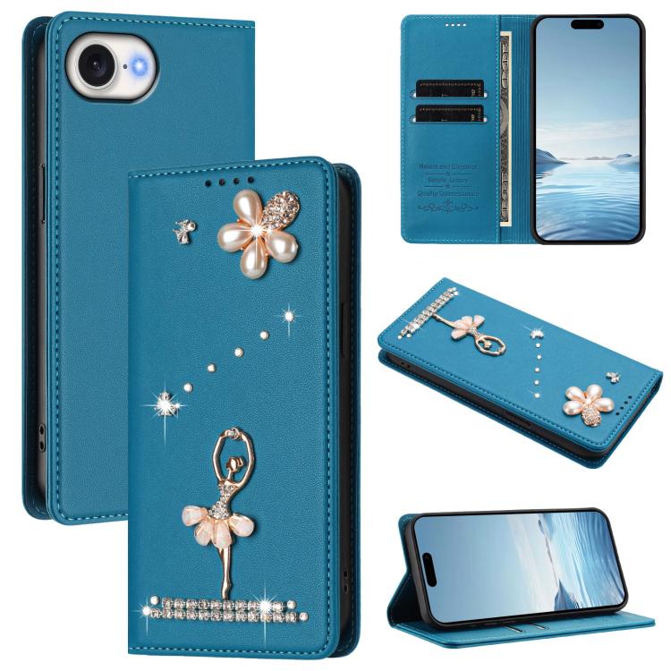 Étui de téléphone en cuir végétalien Ballet Girl avec diamants et protection RFID, pour iPhone 17e / 16e, pour iPhone 17 Pro Max, pour iPhone 17 Pro, pour iPhone 17, pour iPhone Air, pour iPhone 16 Pro Max