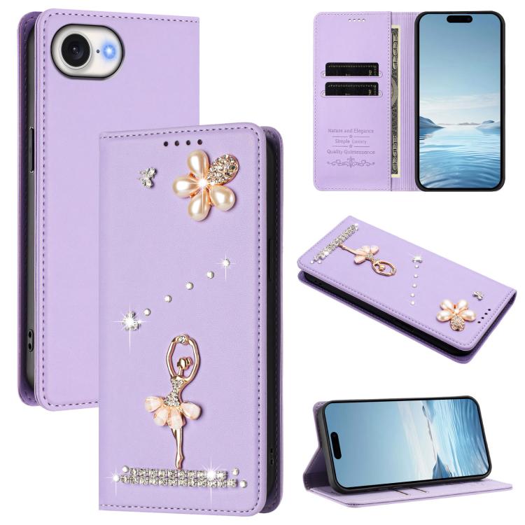 Étui de téléphone en cuir végétalien Ballet Girl avec diamants et protection RFID, pour iPhone 17e / 16e, pour iPhone 17 Pro Max, pour iPhone 17 Pro, pour iPhone 17, pour iPhone Air, pour iPhone 16 Pro Max