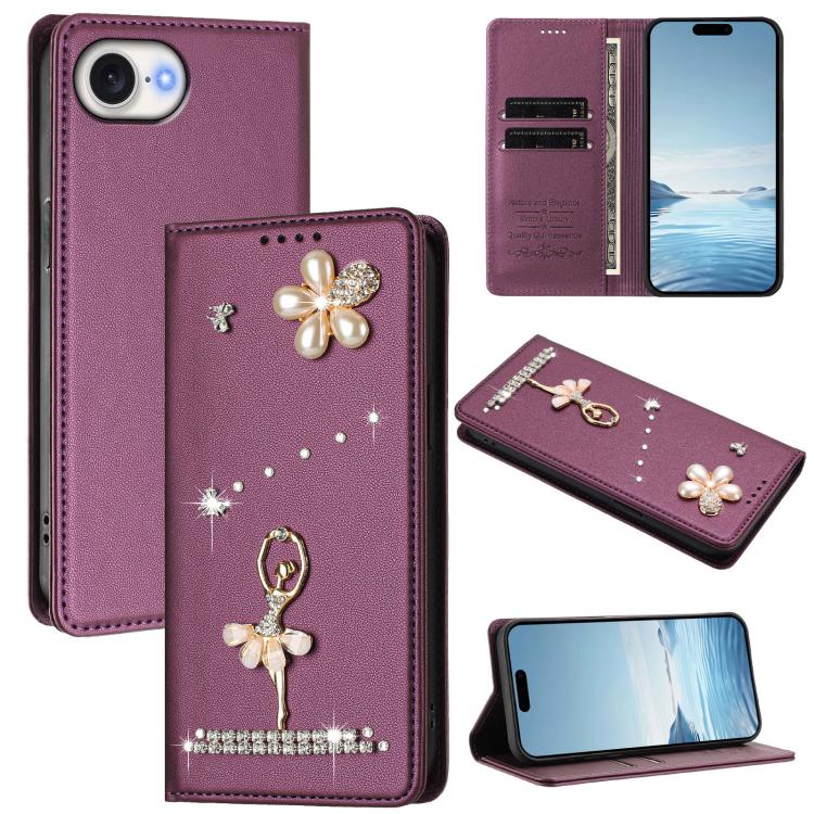 Étui de téléphone en cuir végétalien Ballet Girl avec diamants et protection RFID, pour iPhone 17e / 16e, pour iPhone 17 Pro Max, pour iPhone 17 Pro, pour iPhone 17, pour iPhone Air, pour iPhone 16 Pro Max