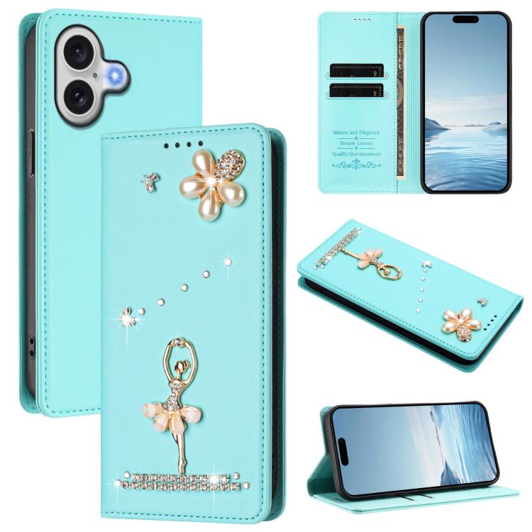 Étui de téléphone en cuir végétalien Ballet Girl avec diamants et protection RFID, pour iPhone 17e / 16e, pour iPhone 17 Pro Max, pour iPhone 17 Pro, pour iPhone 17, pour iPhone Air, pour iPhone 16 Pro Max