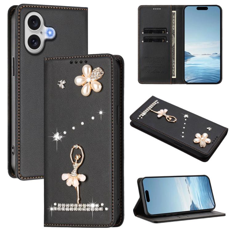 Étui de téléphone en cuir végétalien Ballet Girl avec diamants et protection RFID, pour iPhone 17e / 16e, pour iPhone 17 Pro Max, pour iPhone 17 Pro, pour iPhone 17, pour iPhone Air, pour iPhone 16 Pro Max