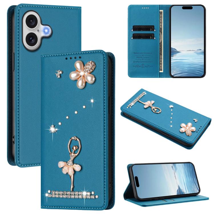 Étui de téléphone en cuir végétalien Ballet Girl avec diamants et protection RFID, pour iPhone 17e / 16e, pour iPhone 17 Pro Max, pour iPhone 17 Pro, pour iPhone 17, pour iPhone Air, pour iPhone 16 Pro Max