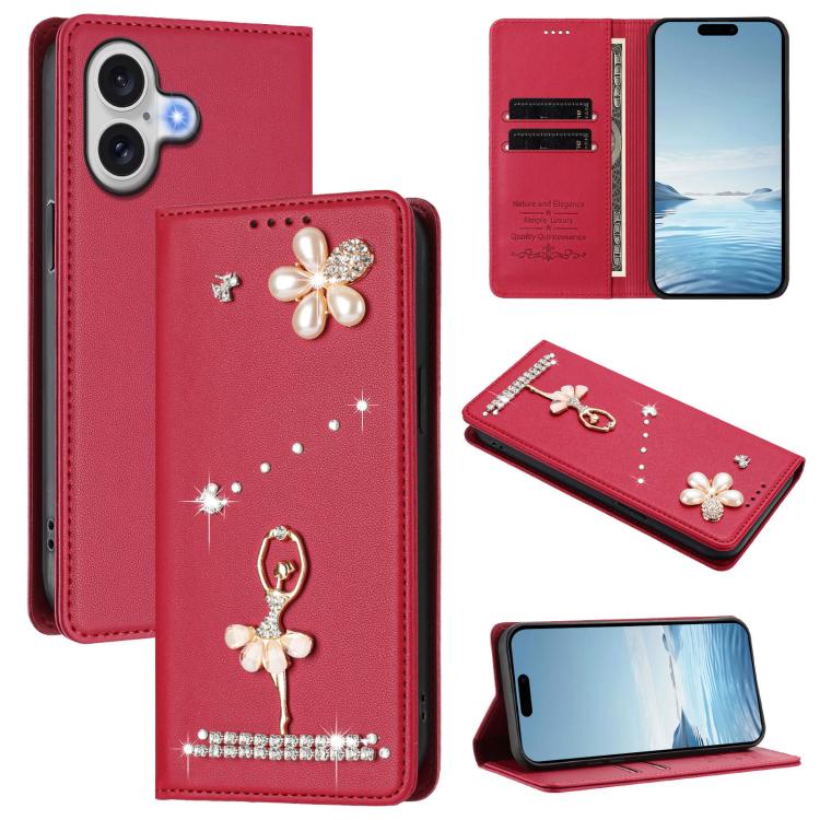 Étui de téléphone en cuir végétalien Ballet Girl avec diamants et protection RFID, pour iPhone 17e / 16e, pour iPhone 17 Pro Max, pour iPhone 17 Pro, pour iPhone 17, pour iPhone Air, pour iPhone 16 Pro Max