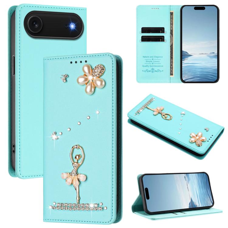 Étui de téléphone en cuir végétalien Ballet Girl avec diamants et protection RFID, pour iPhone 17e / 16e, pour iPhone 17 Pro Max, pour iPhone 17 Pro, pour iPhone 17, pour iPhone Air, pour iPhone 16 Pro Max