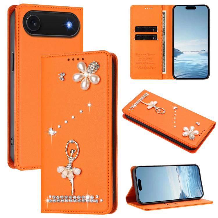 Étui de téléphone en cuir végétalien Ballet Girl avec diamants et protection RFID, pour iPhone 17e / 16e, pour iPhone 17 Pro Max, pour iPhone 17 Pro, pour iPhone 17, pour iPhone Air, pour iPhone 16 Pro Max
