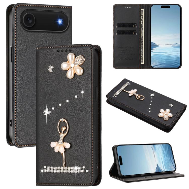 Étui de téléphone en cuir végétalien Ballet Girl avec diamants et protection RFID, pour iPhone 17e / 16e, pour iPhone 17 Pro Max, pour iPhone 17 Pro, pour iPhone 17, pour iPhone Air, pour iPhone 16 Pro Max