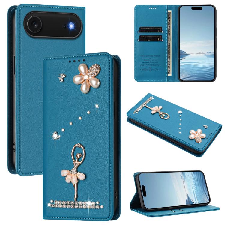 Étui de téléphone en cuir végétalien Ballet Girl avec diamants et protection RFID, pour iPhone 17e / 16e, pour iPhone 17 Pro Max, pour iPhone 17 Pro, pour iPhone 17, pour iPhone Air, pour iPhone 16 Pro Max