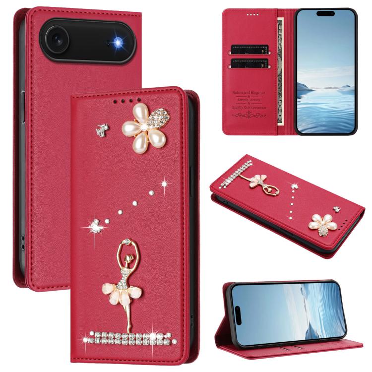 Étui de téléphone en cuir végétalien Ballet Girl avec diamants et protection RFID, pour iPhone 17e / 16e, pour iPhone 17 Pro Max, pour iPhone 17 Pro, pour iPhone 17, pour iPhone Air, pour iPhone 16 Pro Max