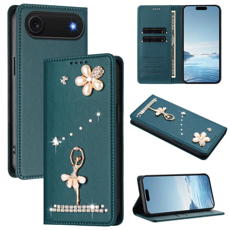 Étui de téléphone en cuir végétalien Ballet Girl avec diamants et protection RFID, pour iPhone 17e / 16e, pour iPhone 17 Pro Max, pour iPhone 17 Pro, pour iPhone 17, pour iPhone Air, pour iPhone 16 Pro Max