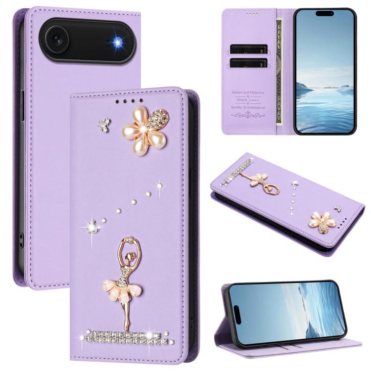 Étui de téléphone en cuir végétalien Ballet Girl avec diamants et protection RFID, pour iPhone 17e / 16e, pour iPhone 17 Pro Max, pour iPhone 17 Pro, pour iPhone 17, pour iPhone Air, pour iPhone 16 Pro Max