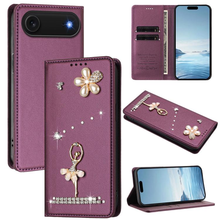 Étui de téléphone en cuir végétalien Ballet Girl avec diamants et protection RFID, pour iPhone 17e / 16e, pour iPhone 17 Pro Max, pour iPhone 17 Pro, pour iPhone 17, pour iPhone Air, pour iPhone 16 Pro Max