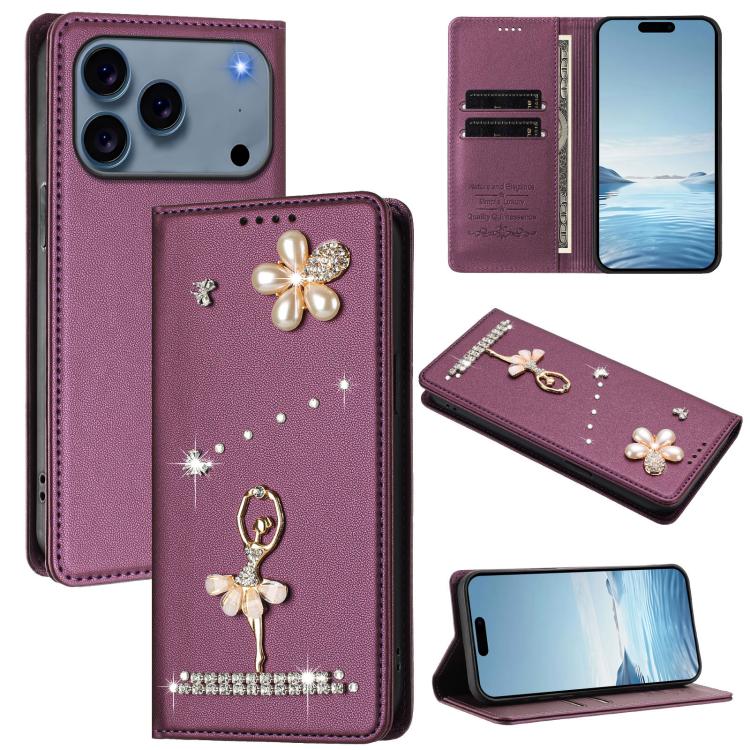 Étui de téléphone en cuir végétalien Ballet Girl avec diamants et protection RFID, pour iPhone 17e / 16e, pour iPhone 17 Pro Max, pour iPhone 17 Pro, pour iPhone 17, pour iPhone Air, pour iPhone 16 Pro Max
