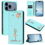 Étui de téléphone en cuir végétalien Ballet Girl avec diamants et protection RFID, pour iPhone 17e / 16e, pour iPhone 17 Pro Max, pour iPhone 17 Pro, pour iPhone 17, pour iPhone Air, pour iPhone 16 Pro Max