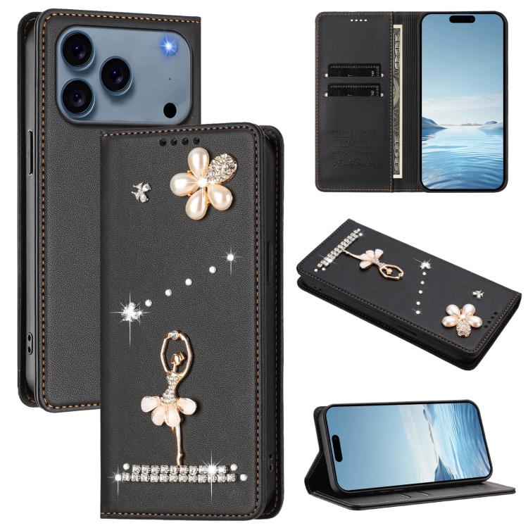 Étui de téléphone en cuir végétalien Ballet Girl avec diamants et protection RFID, pour iPhone 17e / 16e, pour iPhone 17 Pro Max, pour iPhone 17 Pro, pour iPhone 17, pour iPhone Air, pour iPhone 16 Pro Max