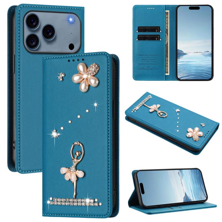 Étui de téléphone en cuir végétalien Ballet Girl avec diamants et protection RFID, pour iPhone 17e / 16e, pour iPhone 17 Pro Max, pour iPhone 17 Pro, pour iPhone 17, pour iPhone Air, pour iPhone 16 Pro Max