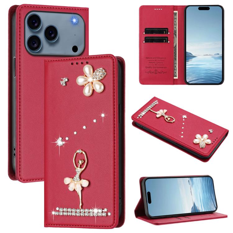 Étui de téléphone en cuir végétalien Ballet Girl avec diamants et protection RFID, pour iPhone 17e / 16e, pour iPhone 17 Pro Max, pour iPhone 17 Pro, pour iPhone 17, pour iPhone Air, pour iPhone 16 Pro Max