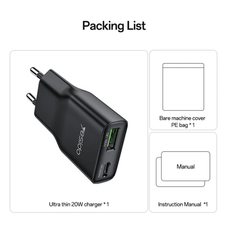 Yesido YC112 Chargeur rapide PD QC double port 20W ultra-mince, YC112