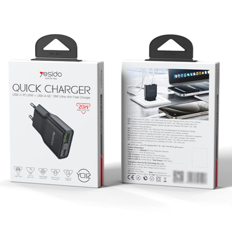 Yesido YC112 Chargeur rapide PD QC double port 20W ultra-mince, YC112