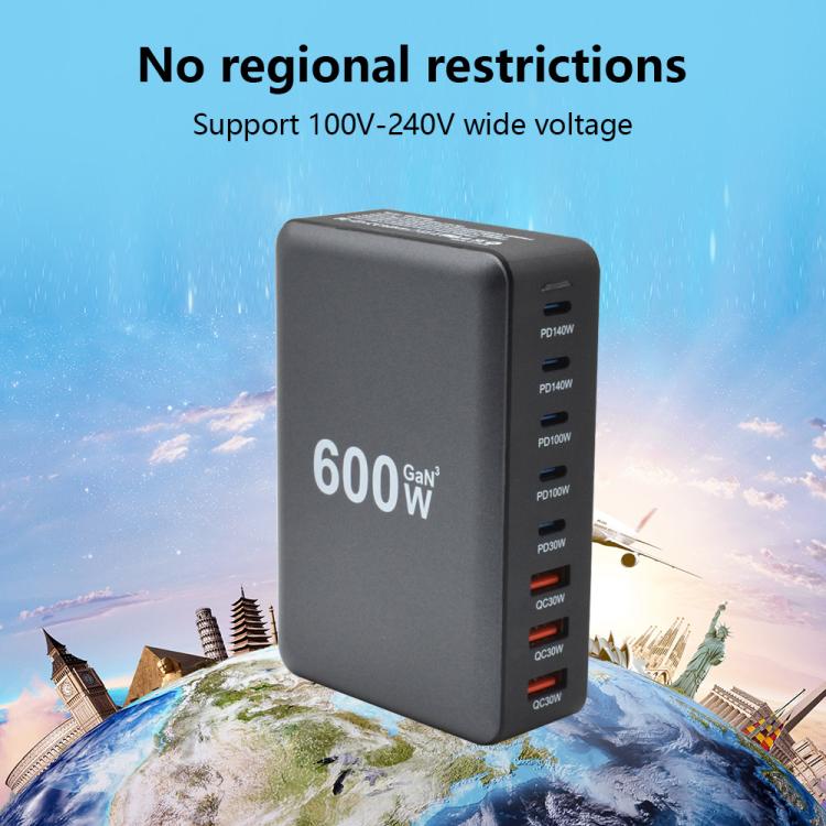 Chargeur rapide de bureau GaN haute puissance 600W USB-C / Type-C et USB-A à 8 ports, prise EU, prise US, prise UK, prise AU