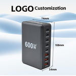 Chargeur rapide de bureau GaN haute puissance 600W USB-C / Type-C et USB-A à 8 ports, prise EU, prise US, prise UK, prise AU