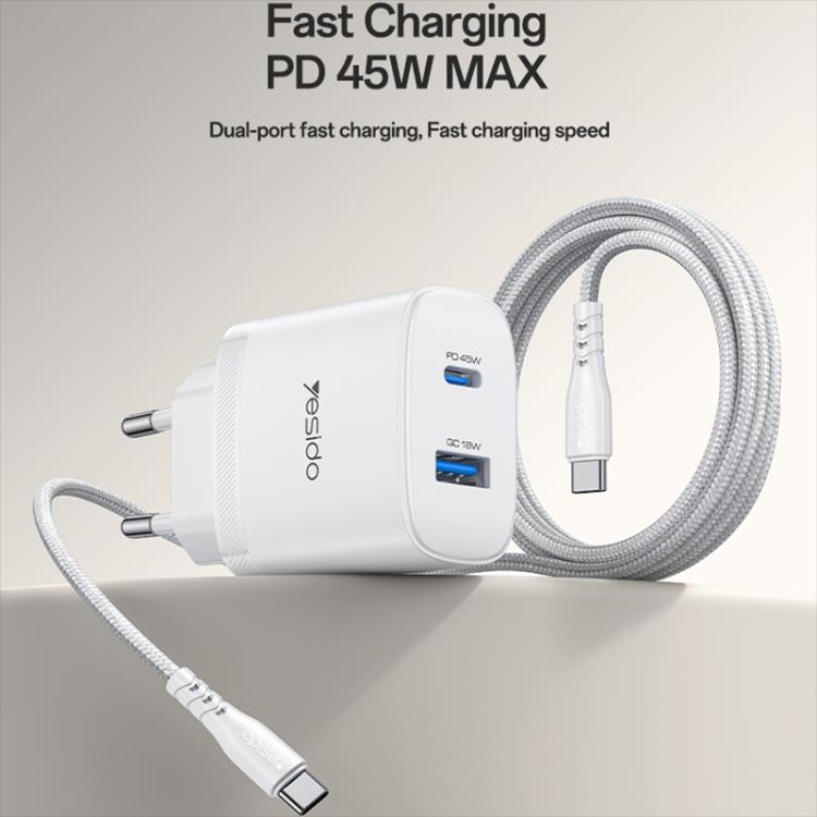 Chargeur rapide Yesido PD45W double interface USB et Type-C, prise UE, prise RU, prise US
