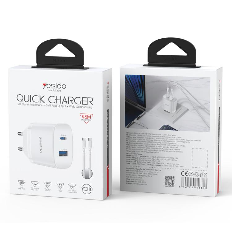 Chargeur rapide Yesido PD45W double interface USB et Type-C, prise UE, prise RU, prise US