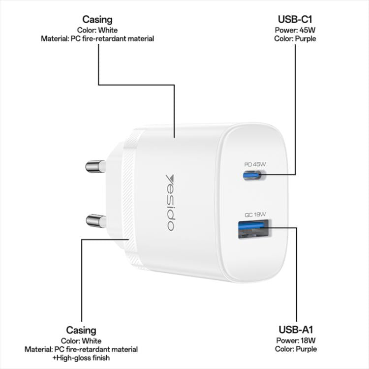 Chargeur rapide Yesido PD45W double interface USB et Type-C, prise UE, prise RU, prise US