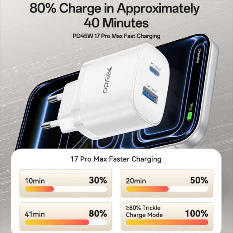 Chargeur rapide Yesido PD45W double interface USB et Type-C, prise UE, prise RU, prise US