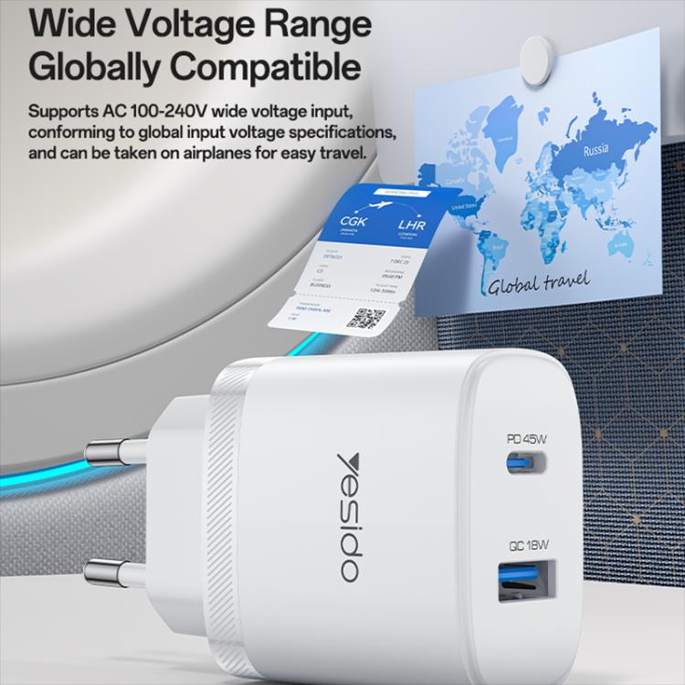 Chargeur rapide Yesido PD45W double interface USB et Type-C, prise UE, prise RU, prise US