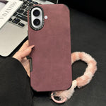 Étui de téléphone en similicuir suédé avec corde en peluche lapin sérigraphiée, Pour iPhone 17 Pro Max, Pour iPhone 17 Pro, Pour iPhone 17, Pour iPhone 16 Pro Max, Pour iPhone 16 Pro, Pour iPhone 16, Pour iPhone 15 Pro Max, Pour iPhone 15 Pro