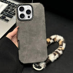 Étui de téléphone en similicuir suédé avec corde en peluche lapin sérigraphiée, Pour iPhone 17 Pro Max, Pour iPhone 17 Pro, Pour iPhone 17, Pour iPhone 16 Pro Max, Pour iPhone 16 Pro, Pour iPhone 16, Pour iPhone 15 Pro Max, Pour iPhone 15 Pro