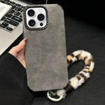 Étui de téléphone en similicuir suédé avec corde en peluche lapin sérigraphiée, Pour iPhone 17 Pro Max, Pour iPhone 17 Pro, Pour iPhone 17, Pour iPhone 16 Pro Max, Pour iPhone 16 Pro, Pour iPhone 16, Pour iPhone 15 Pro Max, Pour iPhone 15 Pro