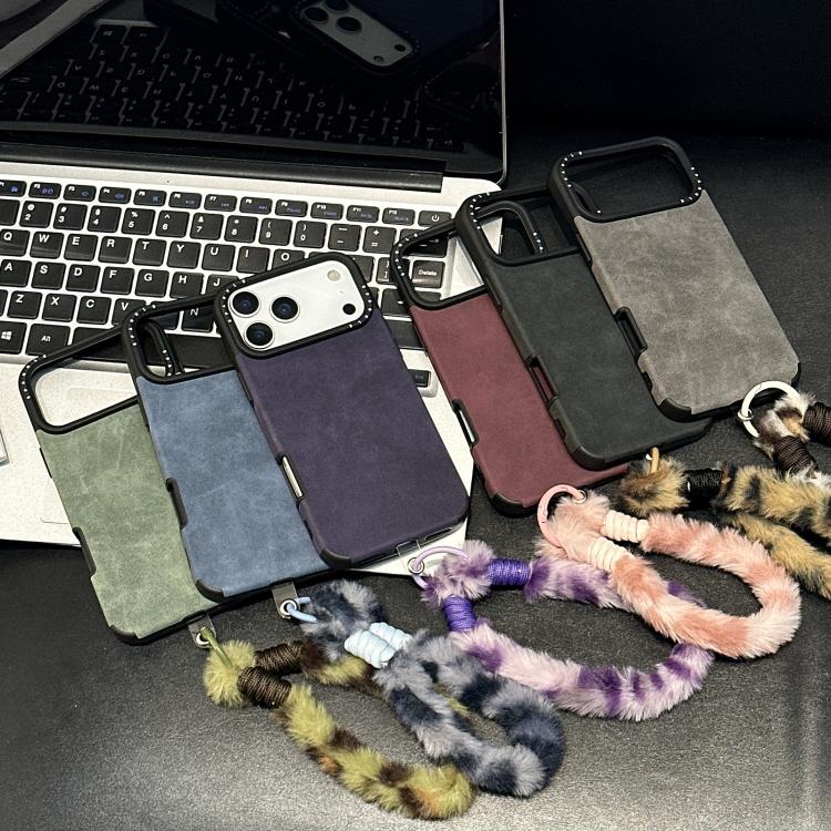 Étui de téléphone en similicuir suédé avec corde en peluche lapin sérigraphiée, Pour iPhone 17 Pro Max, Pour iPhone 17 Pro, Pour iPhone 17, Pour iPhone 16 Pro Max, Pour iPhone 16 Pro, Pour iPhone 16, Pour iPhone 15 Pro Max, Pour iPhone 15 Pro