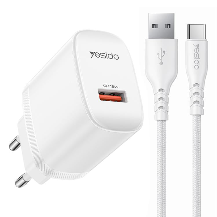 Chargeur simple interface USB 18W Yesido avec câble USB vers Type-C, prise UE, prise UK, prise US