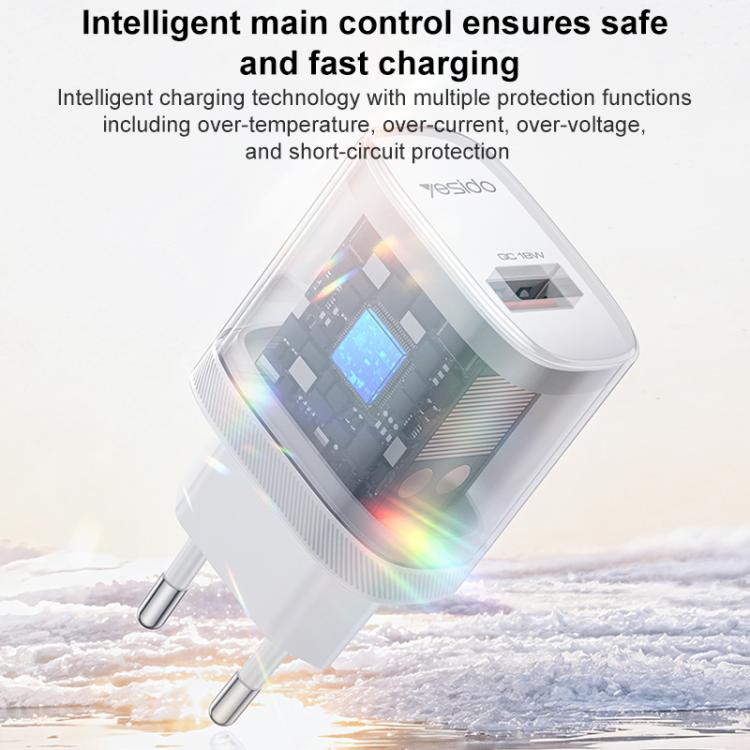 Chargeur simple interface USB 18W Yesido avec câble USB vers Type-C, prise UE, prise UK, prise US