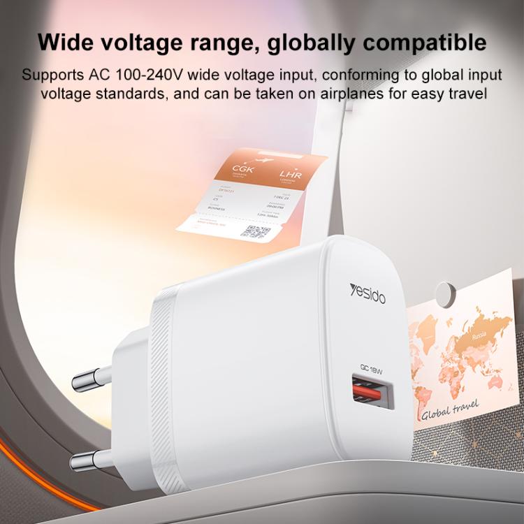 Chargeur simple interface USB 18W Yesido avec câble USB vers Type-C, prise UE, prise UK, prise US