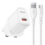 Chargeur simple interface USB 18W Yesido avec câble USB vers Type-C, prise UE, prise UK, prise US