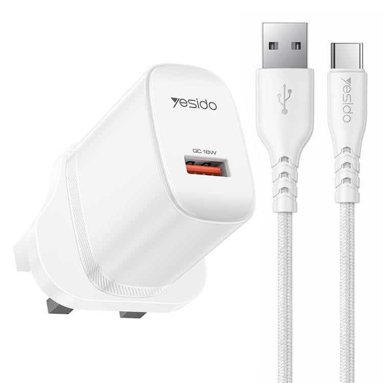 Chargeur simple interface USB 18W Yesido avec câble USB vers Type-C, prise UE, prise UK, prise US