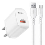 Chargeur simple interface USB 18W Yesido avec câble USB vers Type-C, prise UE, prise UK, prise US