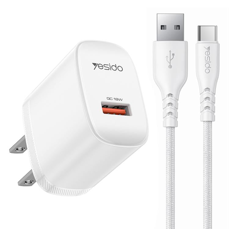 Chargeur simple interface USB 18W Yesido avec câble USB vers Type-C, prise UE, prise UK, prise US