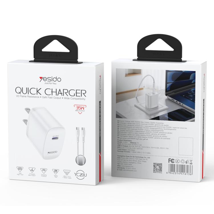 Yesido YC20U PD35W Ensemble chargeur rapide USB-C / Type-C à port unique avec câble Type-C vers Type-C, YC20U