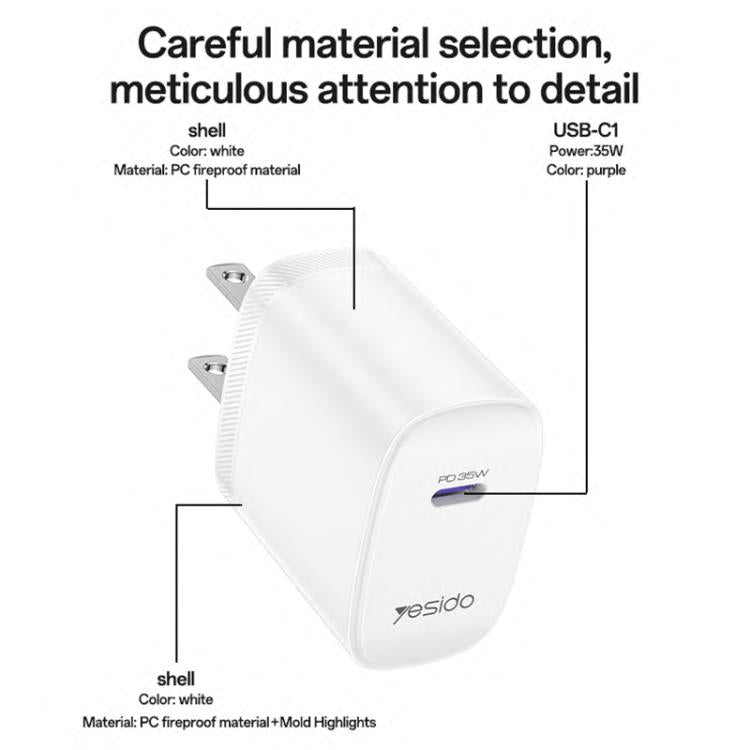 Yesido YC20U PD35W Ensemble chargeur rapide USB-C / Type-C à port unique avec câble Type-C vers Type-C, YC20U